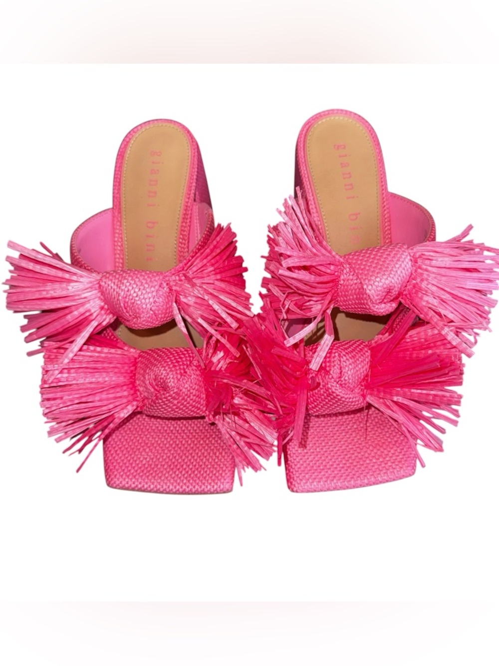 Gianni Bini Sandals Women Pink Raffia Fringe Block Heel Slide Size 9.5 - Picture 2 of 6